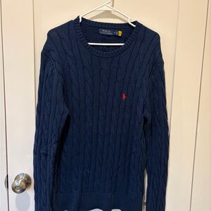 Ralph Lauren Navy Cable-Knit Crewneck Sweater with Red Pony
